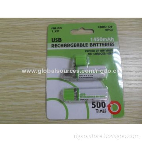 Green style 1.2V 1,450mAh AA model USB battery for traveling and camping